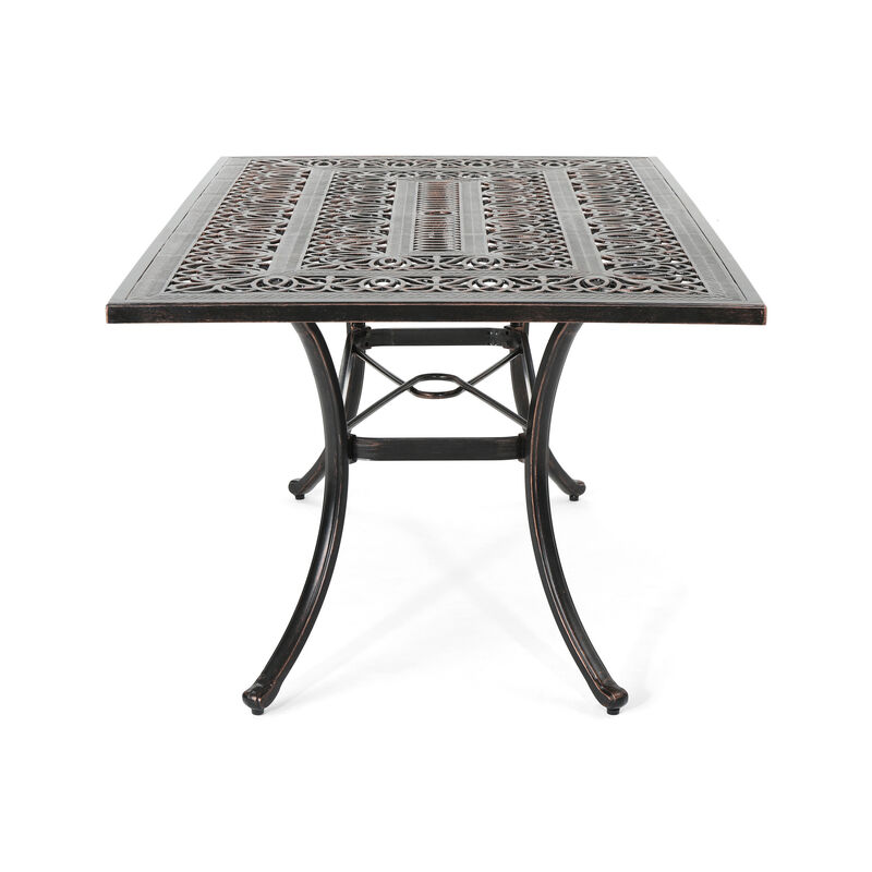 Shaili Outdoor Dining Table, Rectangular 68 Inch, Shiny Copper Cast Metal - Benzara