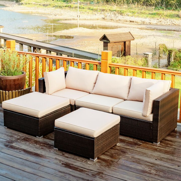 5 Pieces Patio Rattan Sofa Set with Cushion and Ottoman