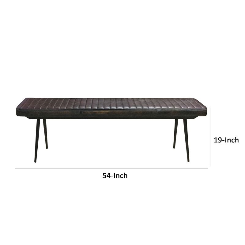 Mia 54 Inch Bench, Hand Dyed Espresso Brown Leather, Vertical Tufting -Benzara