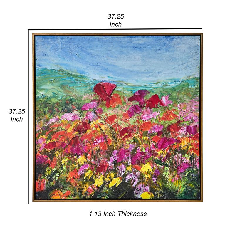 37 x 37 Handcrafted Wall Art Poppies Hillside on Framed Canvas, Gold Red - Benzara