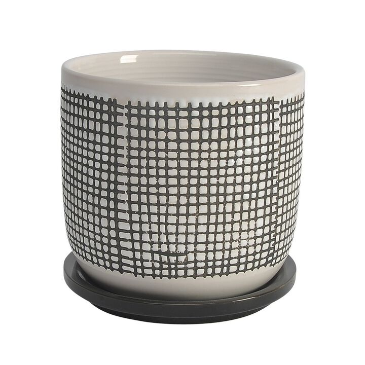 Ceramic Planter with Mesh Design and Saucer, Gray-Benzara