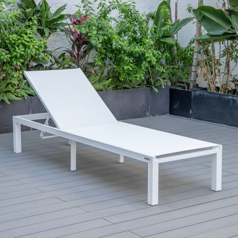 LeisureMod Marlin Modern Black Aluminum Outdoor Patio Chaise Lounge Chair in White Frame with Square Fire Pit Side Table