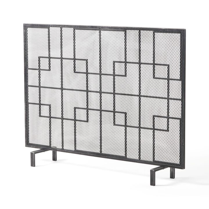 31x41 Fireplace Screen with Mesh, Contemporary Design, Black, Silver  -Benzara