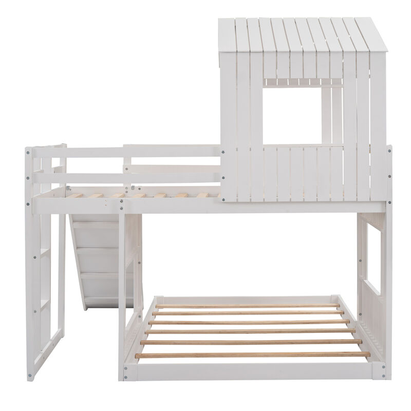 Wooden Twin Over Full Bunk Bed, Loft Bed With Playhouse, Farmhouse, Ladder, Slide And Guardrail