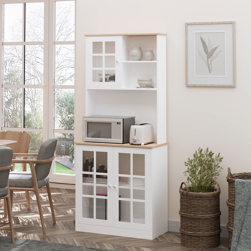 White Kitchen Tower: 72" Freestanding Pantry with Glass Doors & Shelves