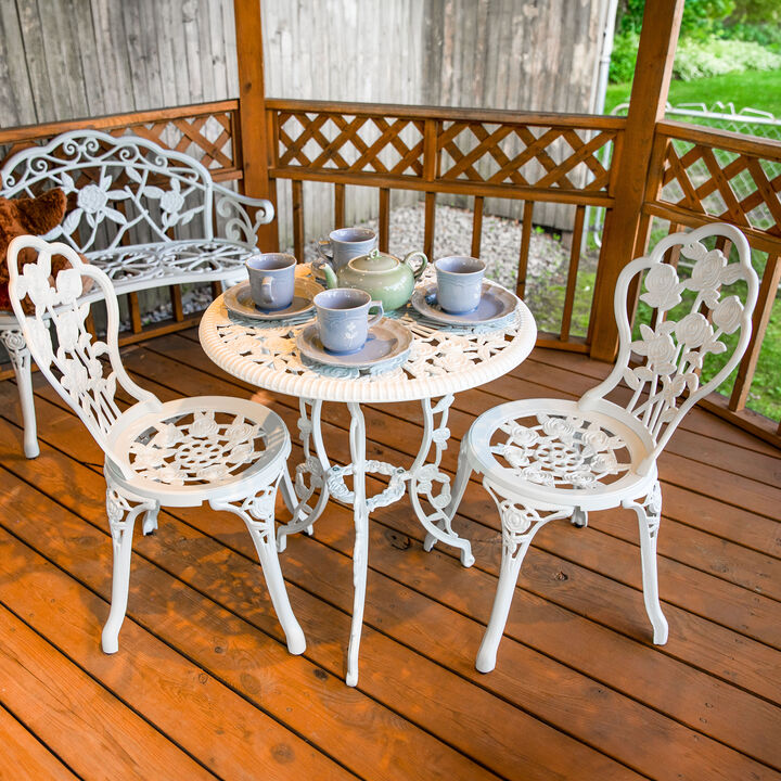 Sunnydaze Flower Design Cast Aluminum 3-Piece Patio Bistro Set - White