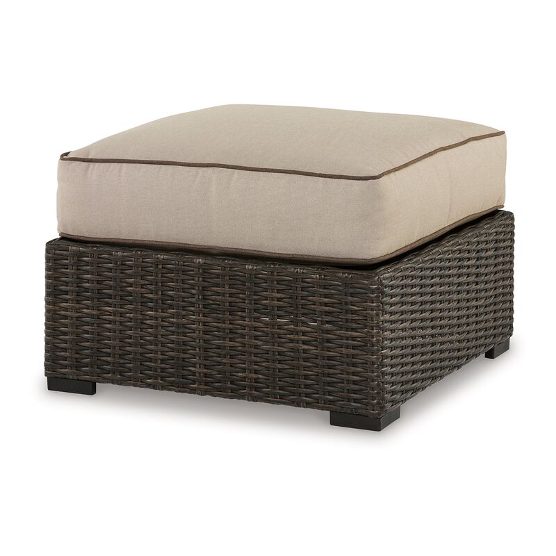 Waga 29 Inch Outdoor Ottoman, Cushioned Seat, Resin Wicker, Brown, Beige - Benzara