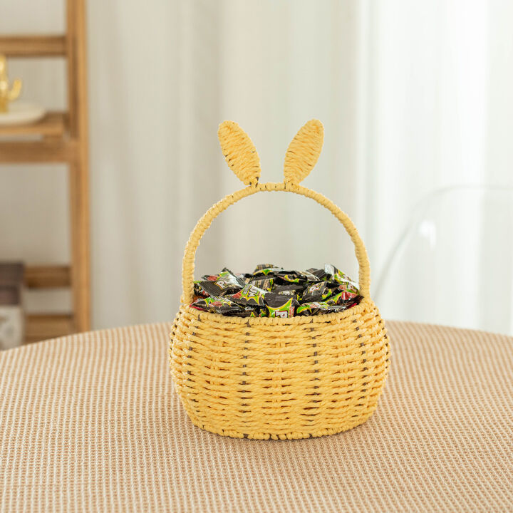 Wickerwise Hand-Woven Easter Bunny Ear Basket with Handle – Multi-Purpose Paper Rope Wicker Basket for Easter Egg Hunts, Picnics, Flower Arrangements, Food Storage, Party, and Home Decor, Nude