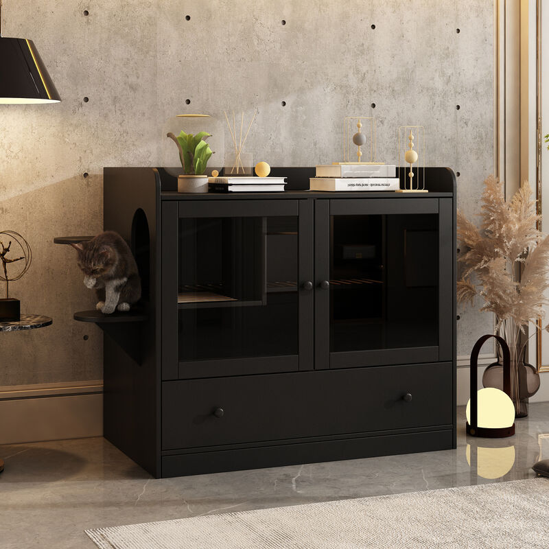 Extra Large Cat Litter Box Furniture Hidden, Cat Condo Pet House with Stairs, Cat Litter House for Living Room, Black