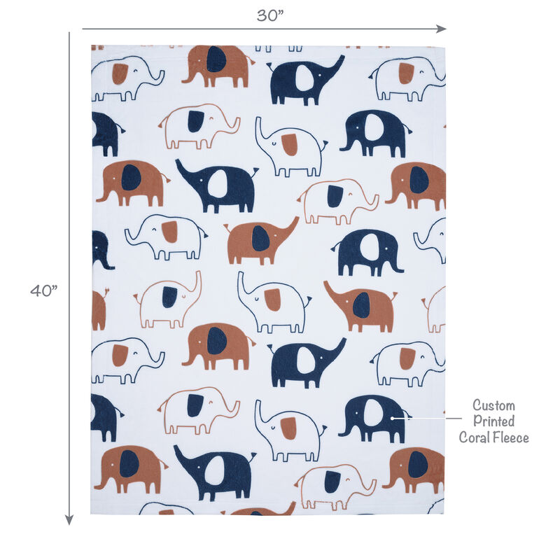 Lambs & Ivy Playful Elephant White/Blue Printed Fleece Baby Blanket