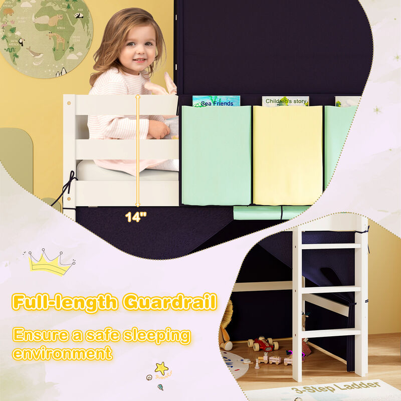 Loft Bed Playhouse Bed Frame with Tower Tent and 3 Storage Pockets