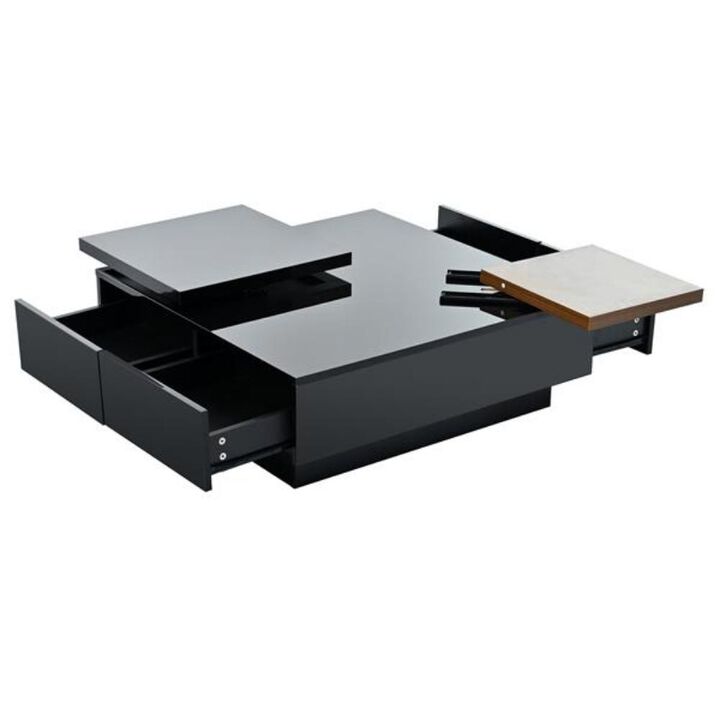 Movable Top Coffee Table with High-Gloss Finish and 4 Hidden Drawers Modern Living Room Storage Table