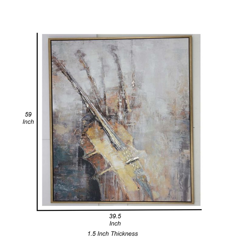 40 x 59 Framed Canvas Oil Painting, Guitar, Natural Fiber, Gray and Brown - Benzara