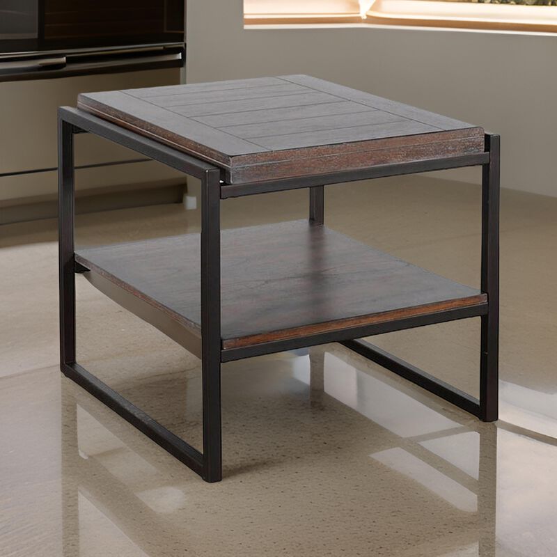 Lery End Table, Dark Brown Wood, Black Metal, Bottom Shelf, 24 Inch - Benzara