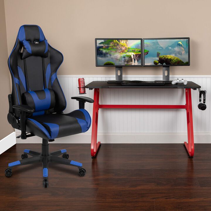 Flash Furniture Optis Red Gaming Desk and Blue Reclining Gaming Chair Set with Cup Holder and Headphone Hook
