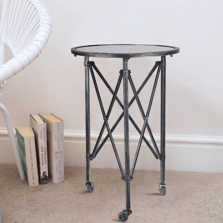 27 Inch Side Table, Round Metal Body, Glass Tabletop, 3 Wheels, Silver - Benzara