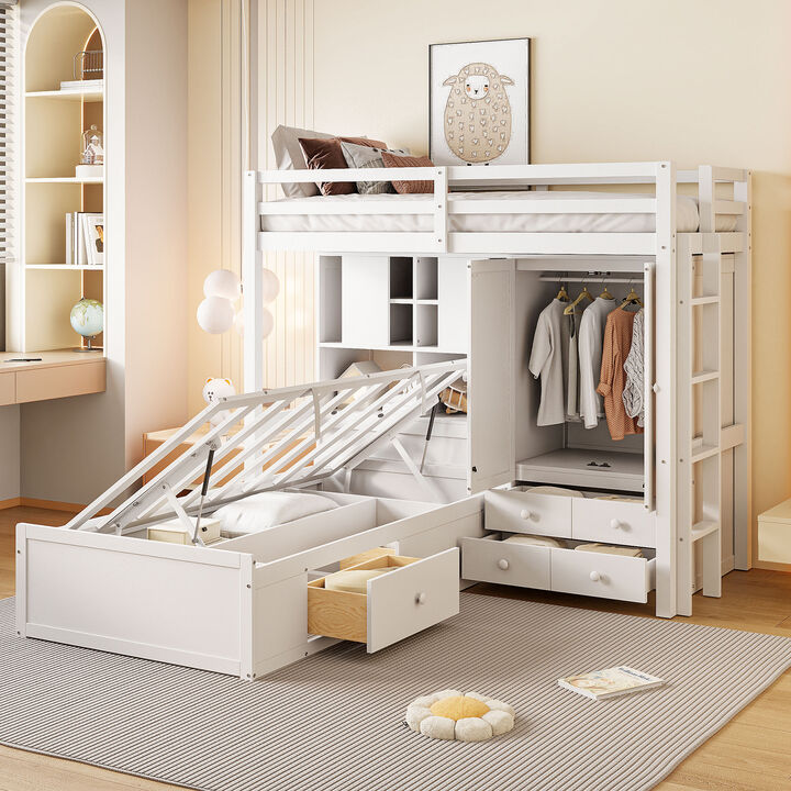 Merax Twin Bunk Bed with Wardrobe and Hydraulic Bed