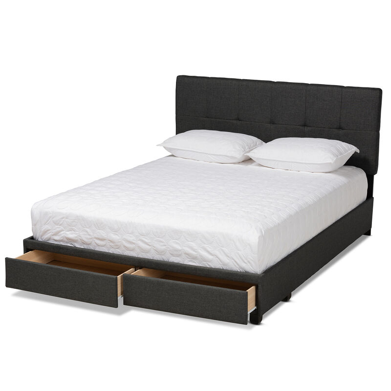 Baxton Studio Netti Dark Grey Fabric Upholstered 2 Drawer Queen Size Platform Storage Bed