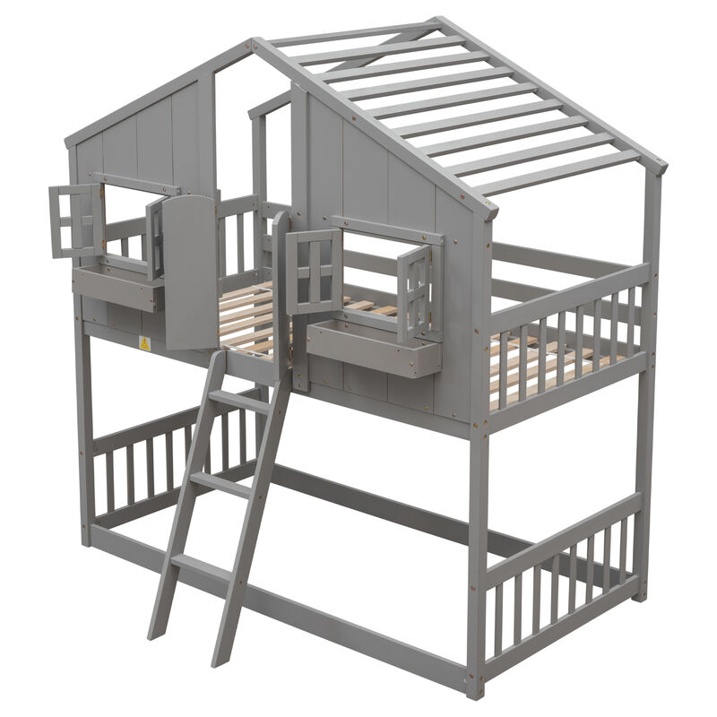 Twin over Twin House Bunk Bed with Roof , Window, Window  Box, Door , with Safety Guardrails and Ladder,White