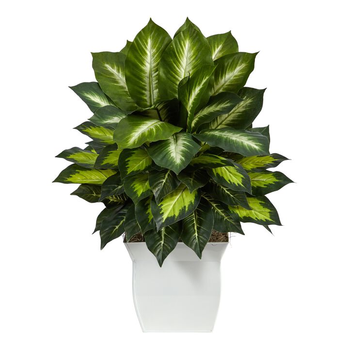 Hivvago 2" Golden Dieffenbachia Artificial Plant in White Metal Planter