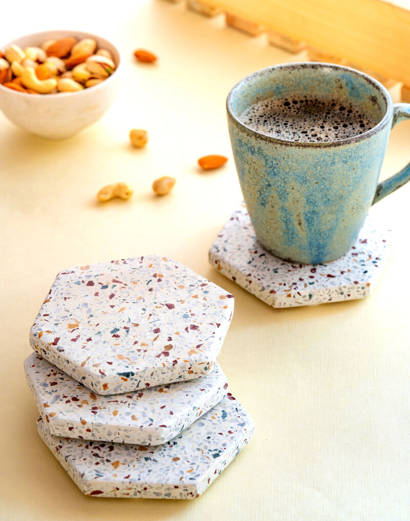 Lexi Home 4 in. Hexagon Terrazo  Marble 4-Pack Coaster Set