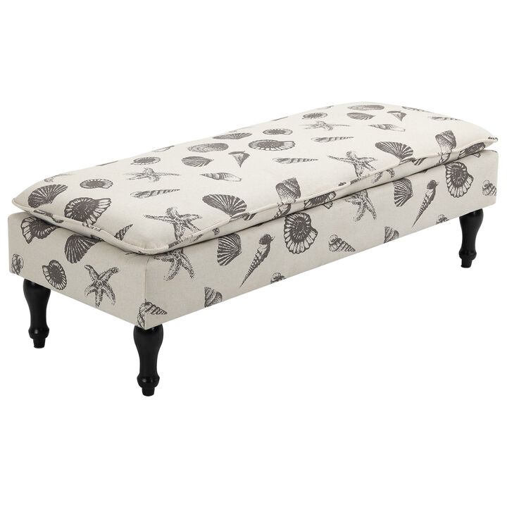 Beige Bedroom Bench: Linen-Touch Ottoman with Seashell Design