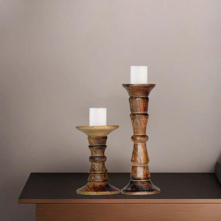 Traditional Medium Burnt Eco-friendly Handmade Mango Wood Set Of Two 6" & 12" Pillar Candle Holder BBH Homes