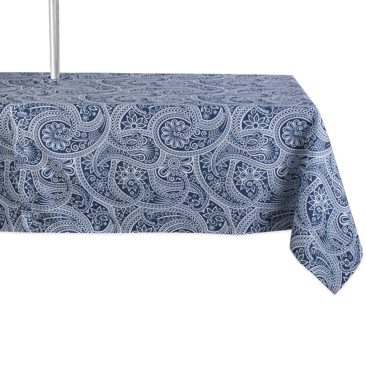 84" Zippered Outdoor Tablecloth with Printed Blue Paisley Design