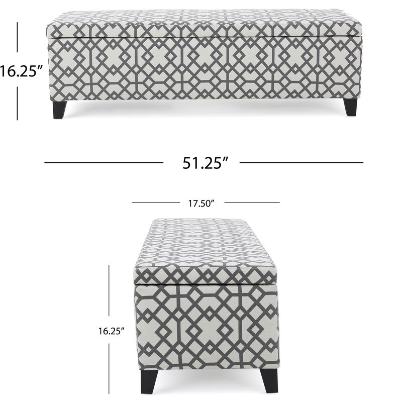 Flash Storage Ottoman Bench, Light Gray Geometric Print Fabric 51 Inch -Benzara