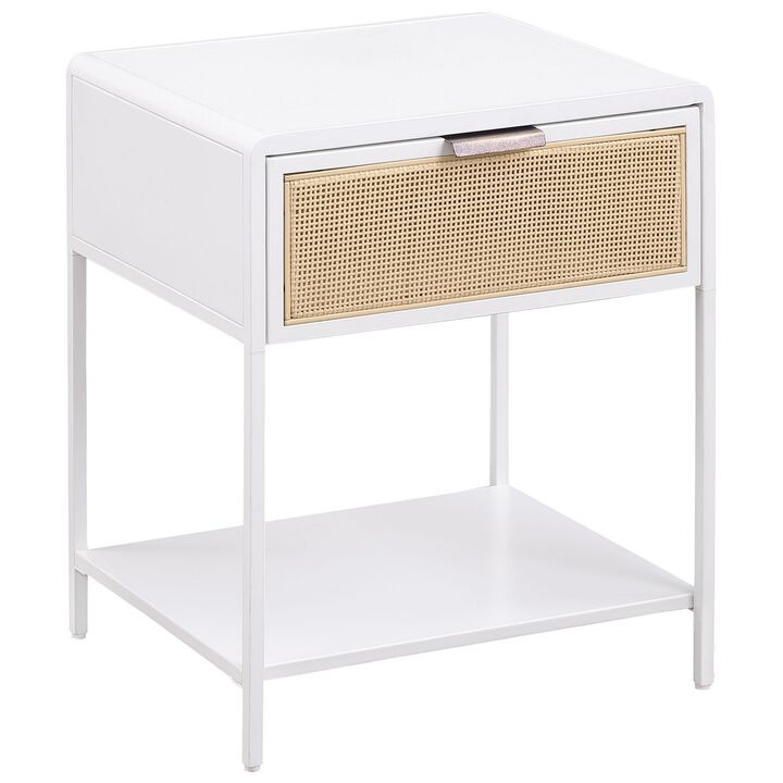Lanie Bedside Table with Drawer and Open Shelf, PE Cane, White Metal - Benzara