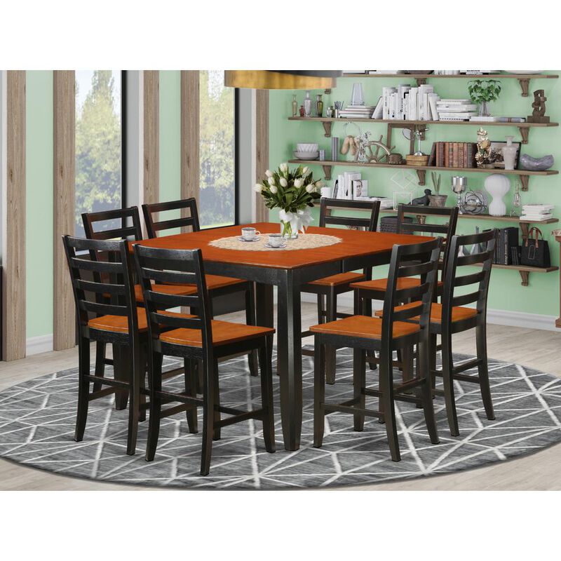East West Furniture 9  Pc  pub  Table  set-  Square  Counter  height  Table  and  8  Dining  Chairs