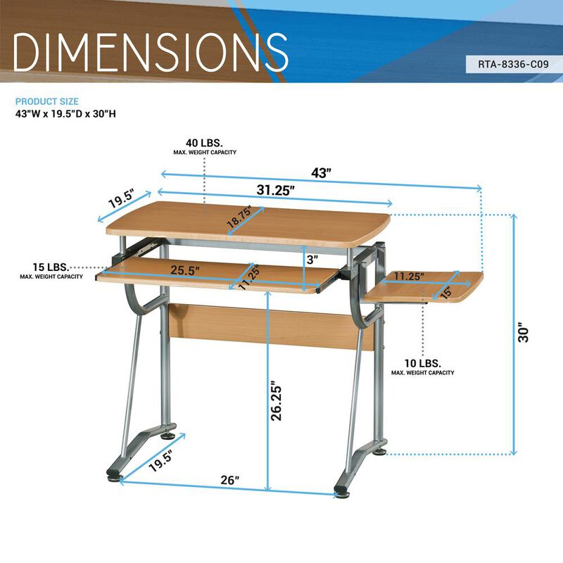 Techni Mobili Compact Computer Desk With Side Shelf And Keyboard Panel. Color: Cherry