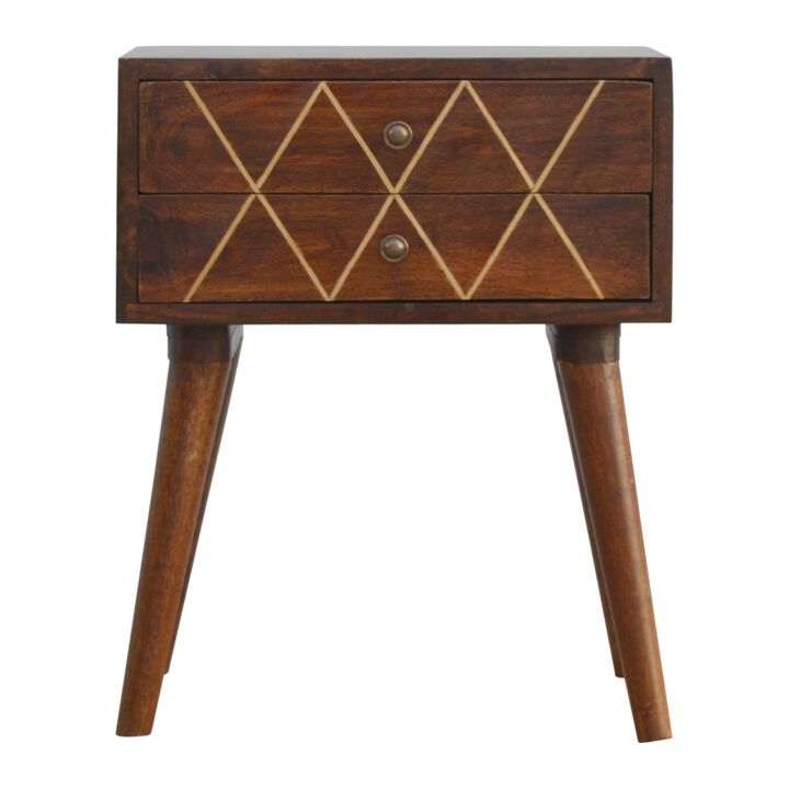 Solid Wood Geometric Brass Inlay 2 Drawer Nightstand