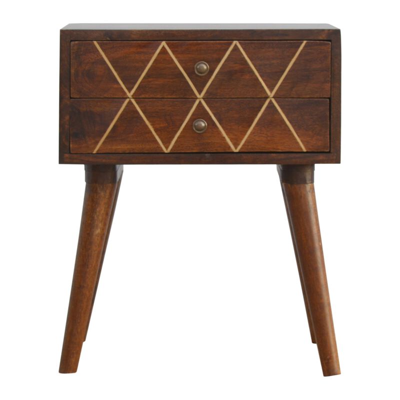 Solid Wood Geometric Brass Inlay 2 Drawer Nightstand