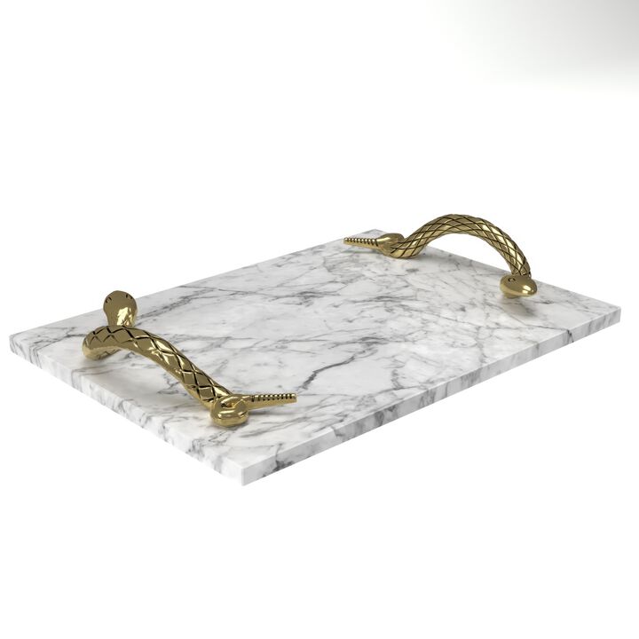 Mamba White Marble Decorative Serving Tray with Brass Snake Handles - Benzara