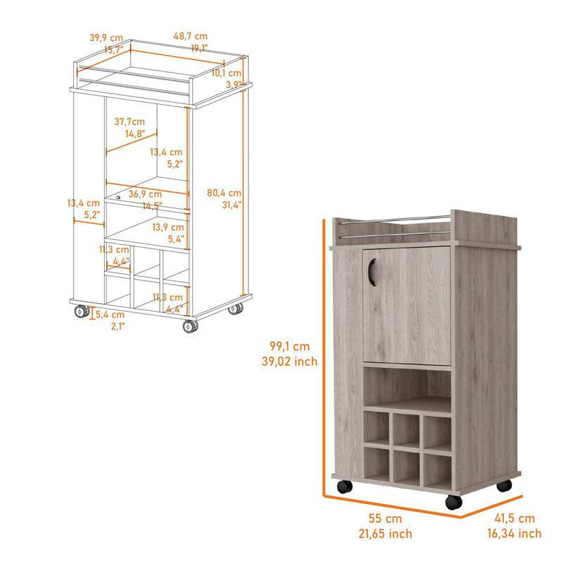Allandale 1-Door Bar Cart With Wine Rack And Casters Light Gray