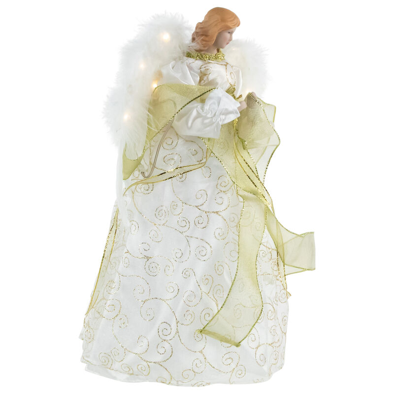 14" Lighted White and Gold Angel in a Dress Christmas Tree Topper - Warm White Lights