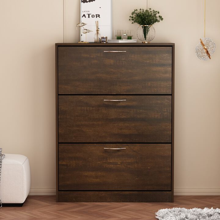 FUFU&GAGA 47.2-in H 3 Tier 12 Pair Composite Shoe Cabinet,(31.6" W x 9.3" D x 47.2" H), Brown