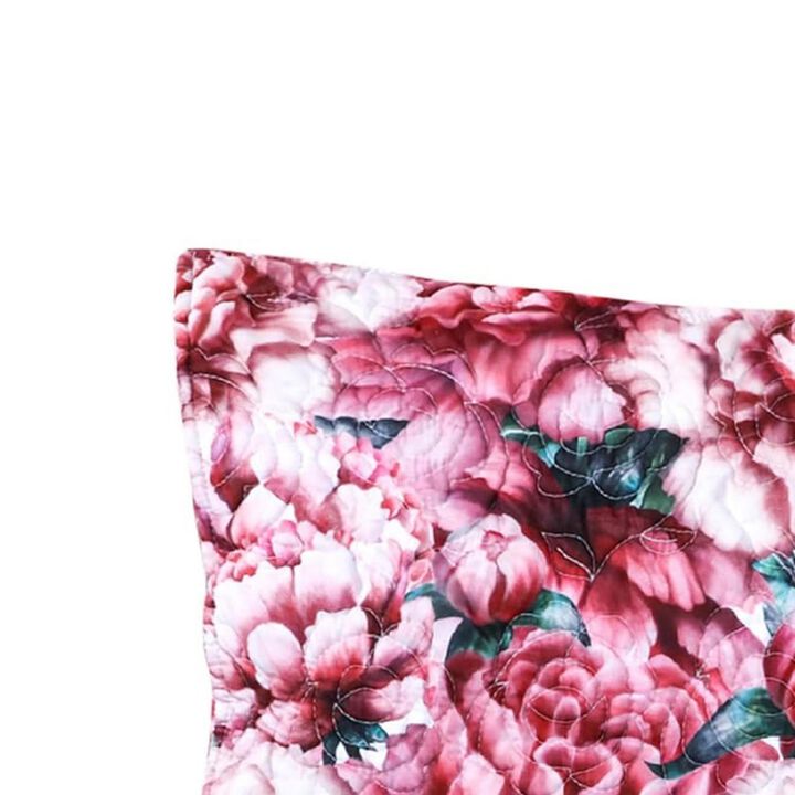 36 Inch Quilted King Pillow Sham, Cotton Fill, White and Lavender Blossoms - Benzara