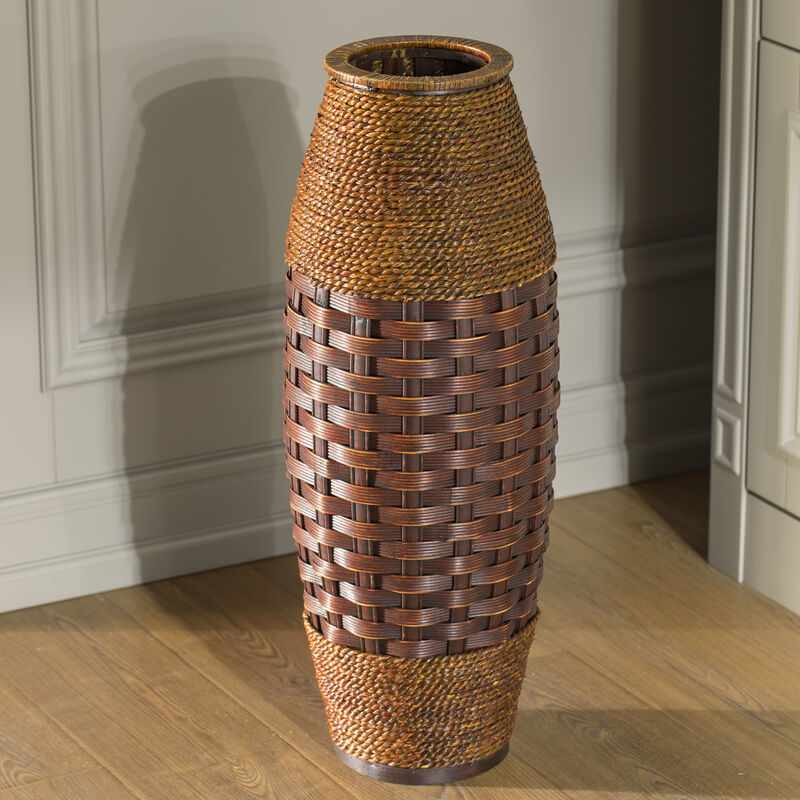 Antique Cylinder Style Floor Vase For Entryway or Living Room, Bamboo Rope, Brown 26" Tall
