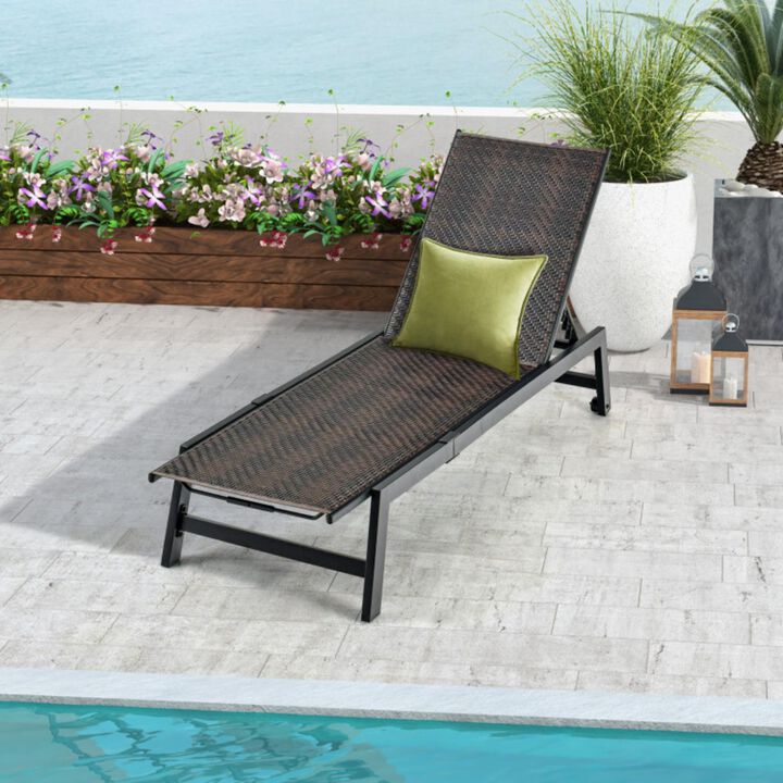 Hivvago Patio PE Rattan Chaise Lounge with 5-Level Backrest and Wheels-Brown