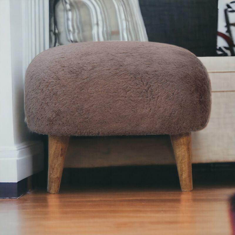 Mocha Faux Fur Upholstered Solid Wood Square Stool