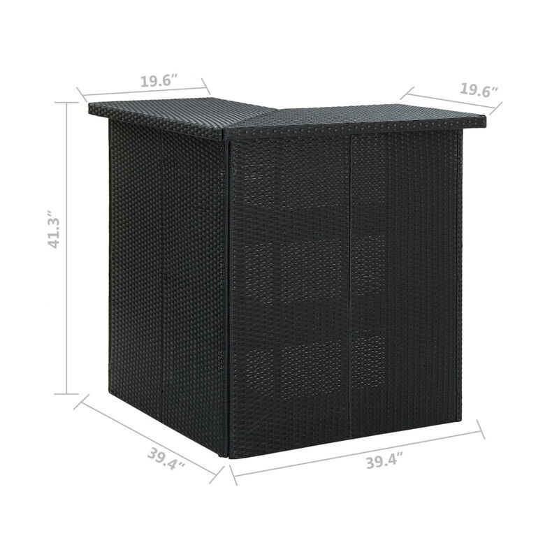 Outdoor Corner Bar Table, 3 Shelves, Black Rattan and Steel, 41 Inch - Benzara