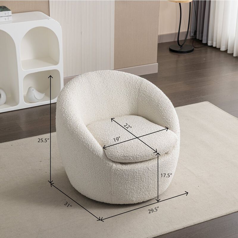Roundhill Furniture Winnie Modern Teddy Boucle Fabric Barrel Chair, 360 Degree Swivel, White