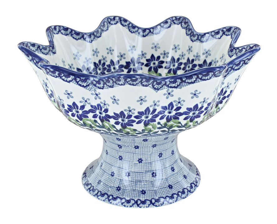 Blue Rose Polish Pottery Red Daisy Pedestal Fruit Bowl