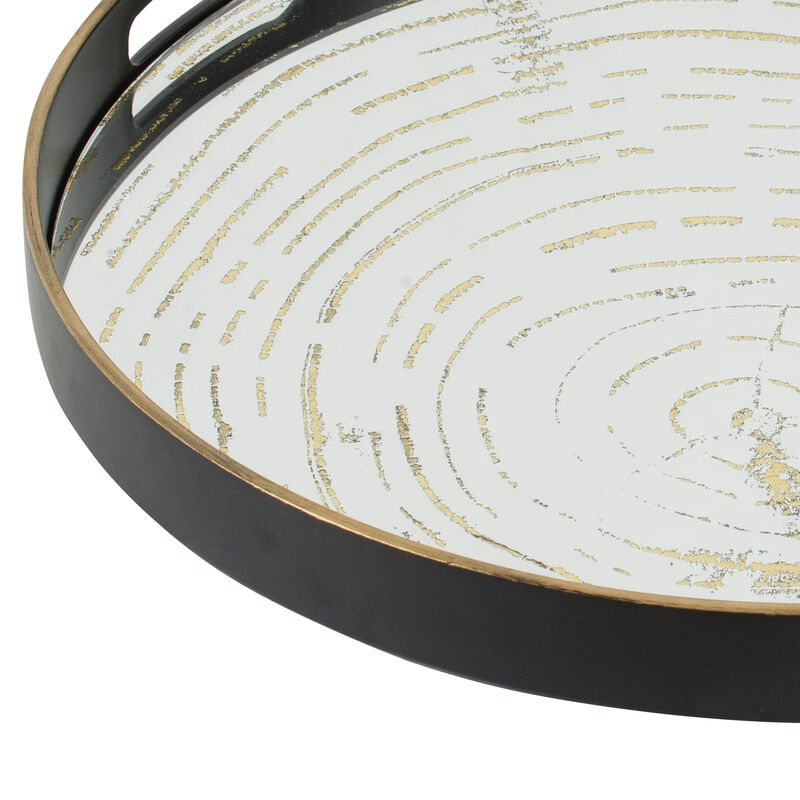 18 Inch Decorative Tray, Round Black Wood Frame, Mirrored Bottom - Benzara
