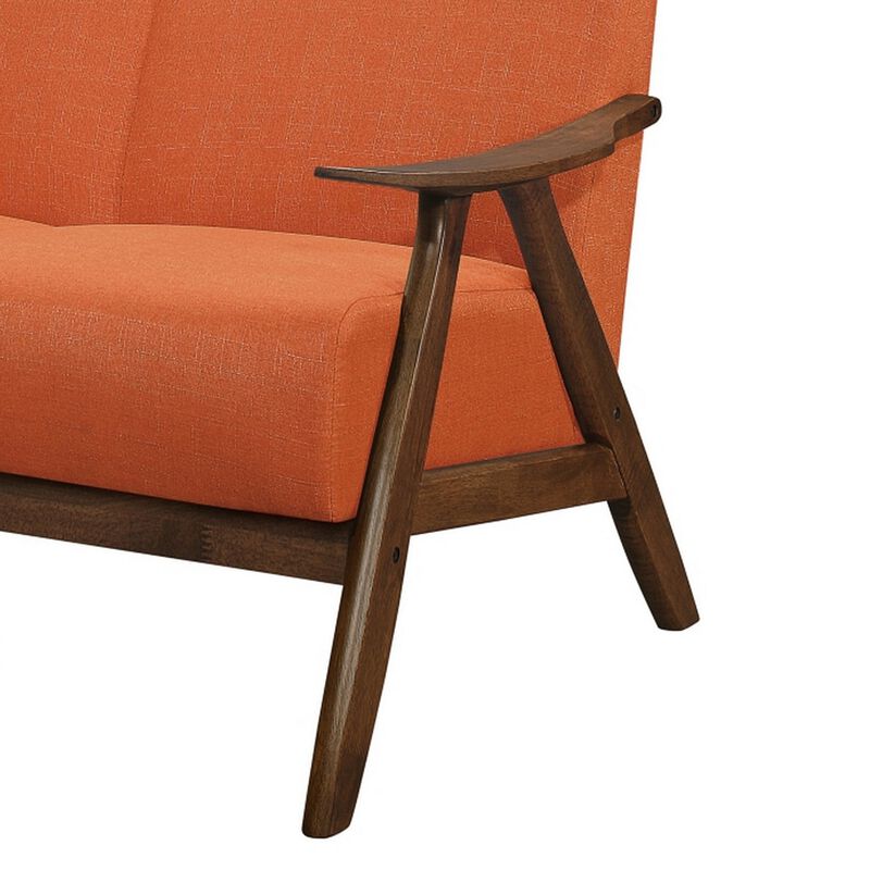 Indy 51 Inch Loveseat, Brown Wood Angled Frame, Textured Orange Fabric - Benzara