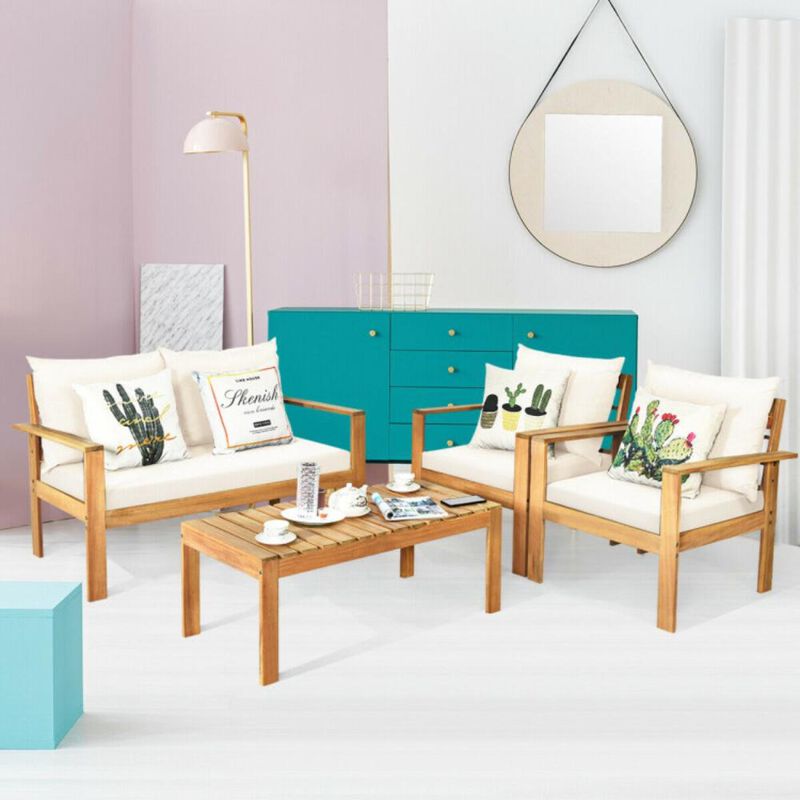 Hivvago Outdoor 4 Pieces Acacia Wood Chat Set with Water Resistant Cushions
