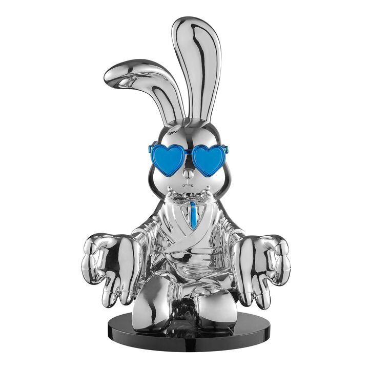 Sitting Rabbit with Tie and Glasses Sculpture Chrome and Blue Resin Handmade