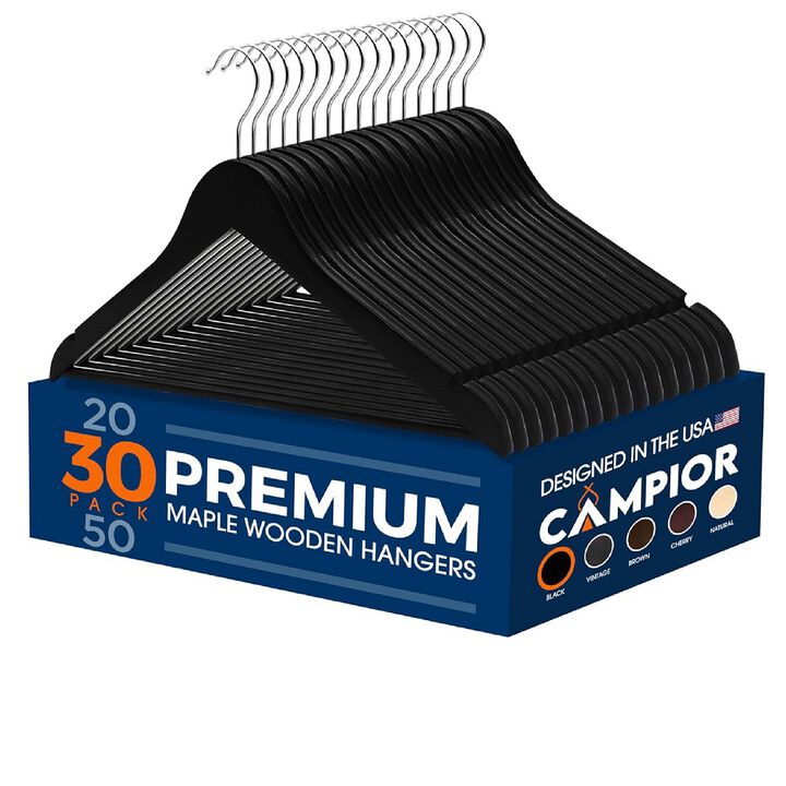 Campior Wooden Clothes Hangers - 30 Pack, Durable, Non-Slip, Space-Saving Hangers for Dresses, Coats, and More, Holds Up to 10 lbs with 360° Swivel Hook, Black Finish